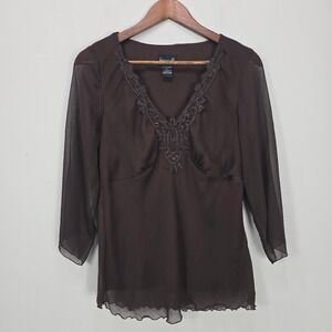 Vintage Y2K Top L Brown Boho Whimsigoth Fairy Grunge Babydoll Lace Lettuce Trim
